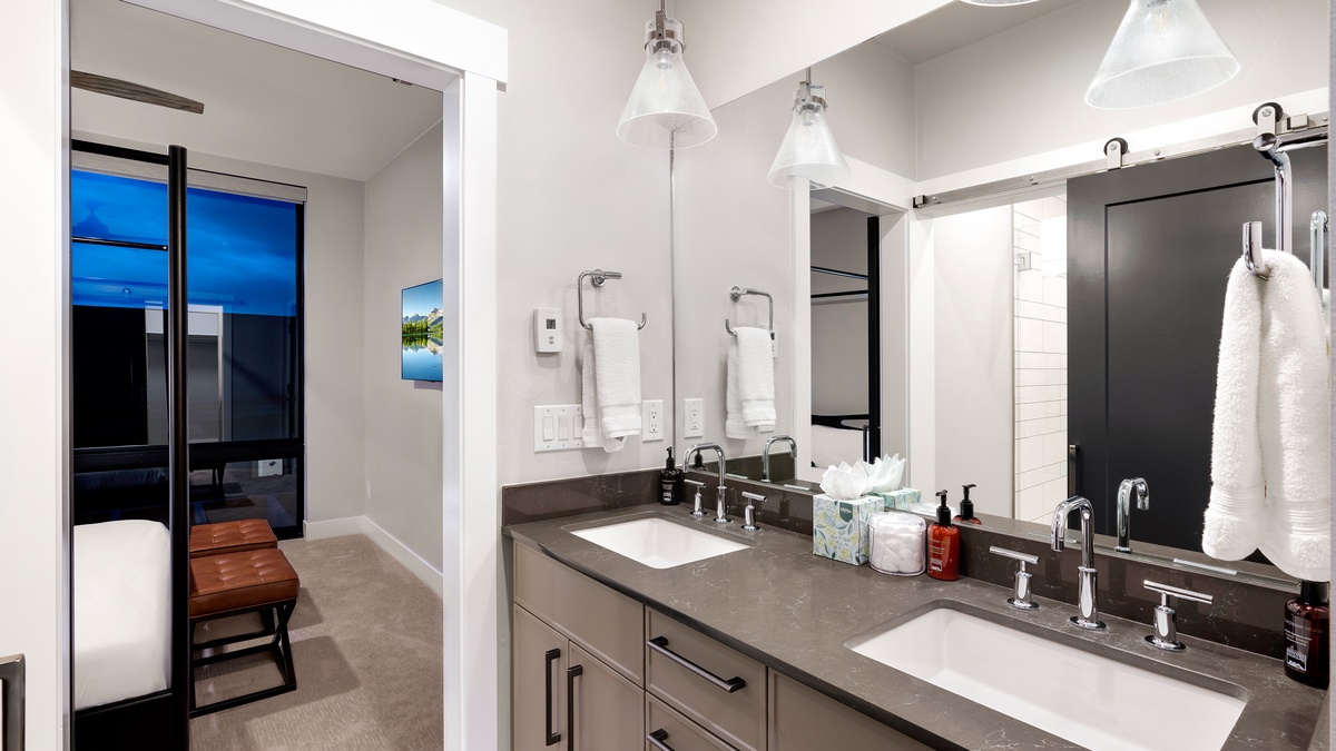 Bedroom 1, Upper Level - Double vanity with walk-in shower