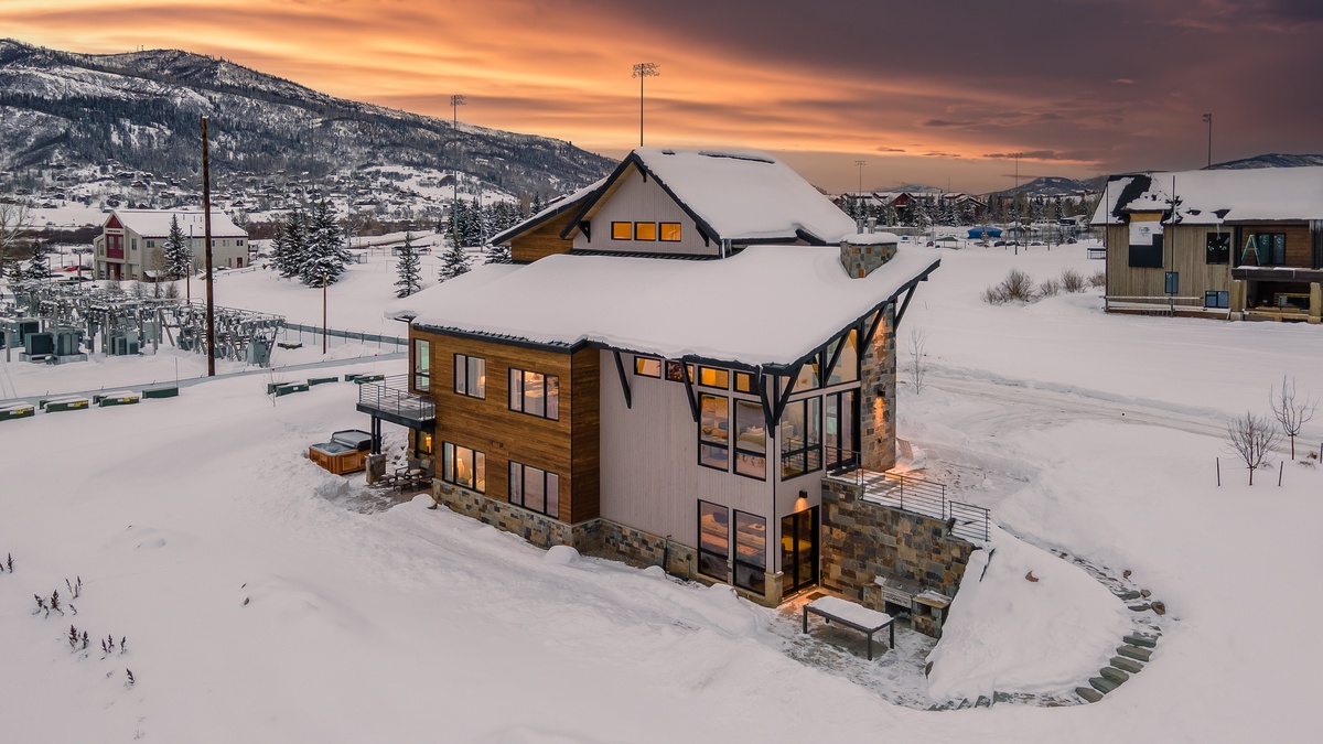 Palomino Chalet aerial with outdoor grill space and hot tub