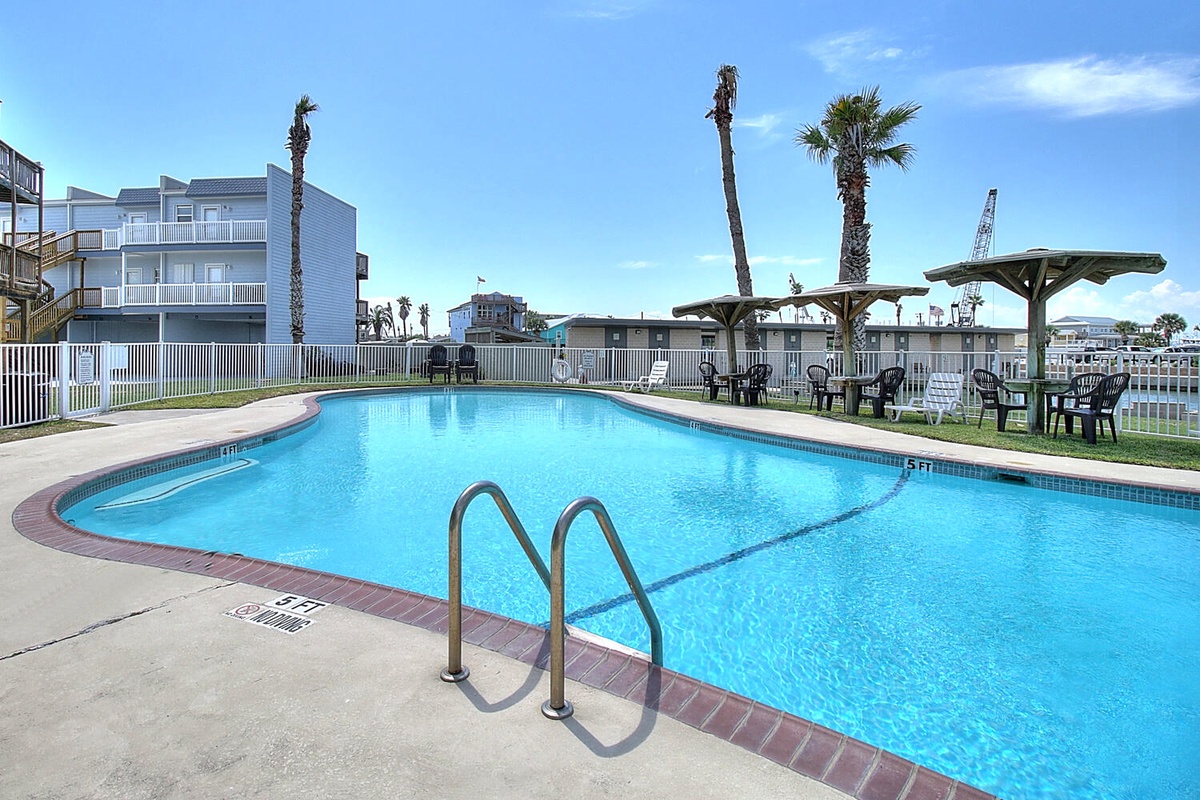 Sparkling blue pool surrounded by palm trees and shaded seating areas, perfect for relaxation.