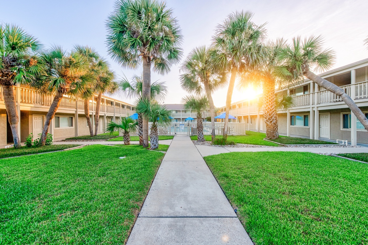 Tropical resort complex featuring palm-lined walkways and multi-level accommodations bathed in golden sunlight.