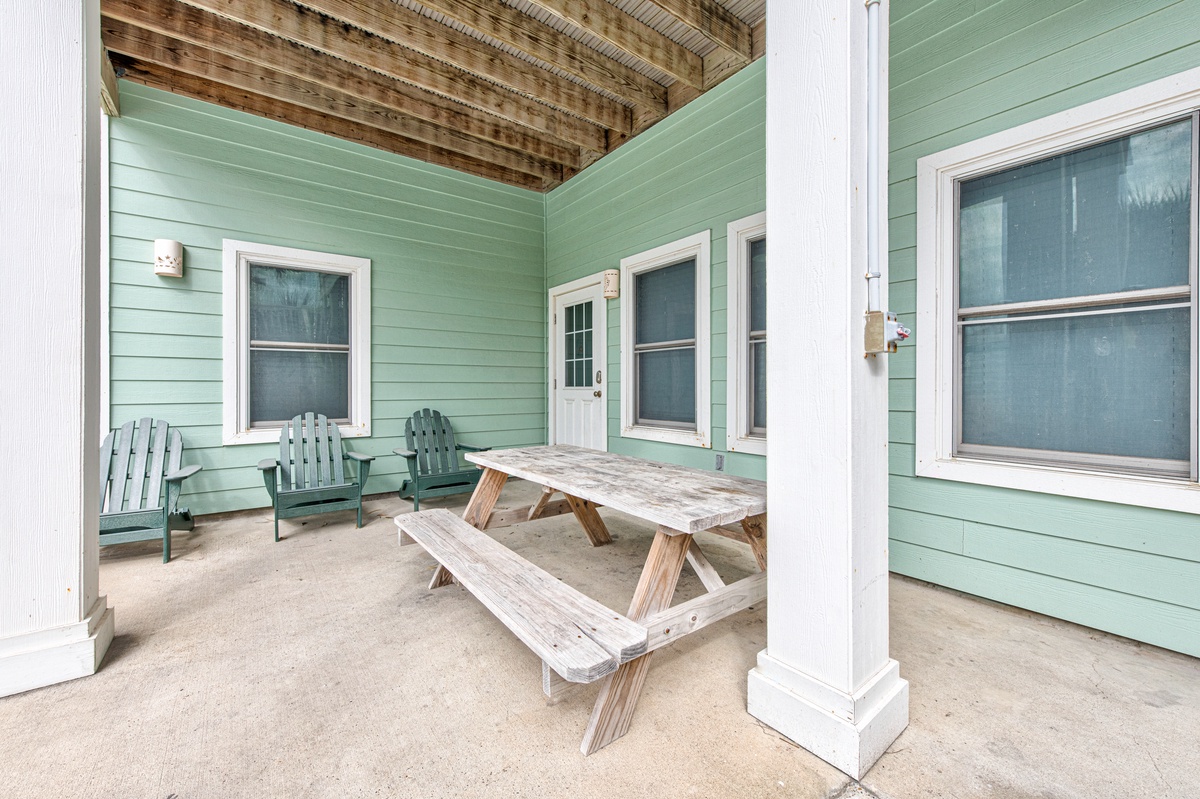 Your private covered porch offers the perfect spot to relax with morning coffee or evening meals at your own picnic table.