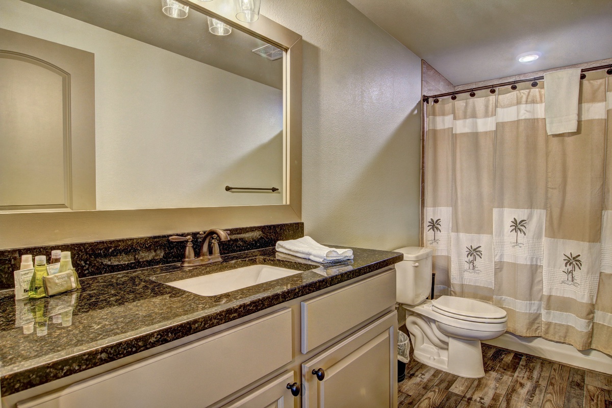 Relax in your private bathroom with granite countertops, fresh towels, and tropical-themed shower curtain.