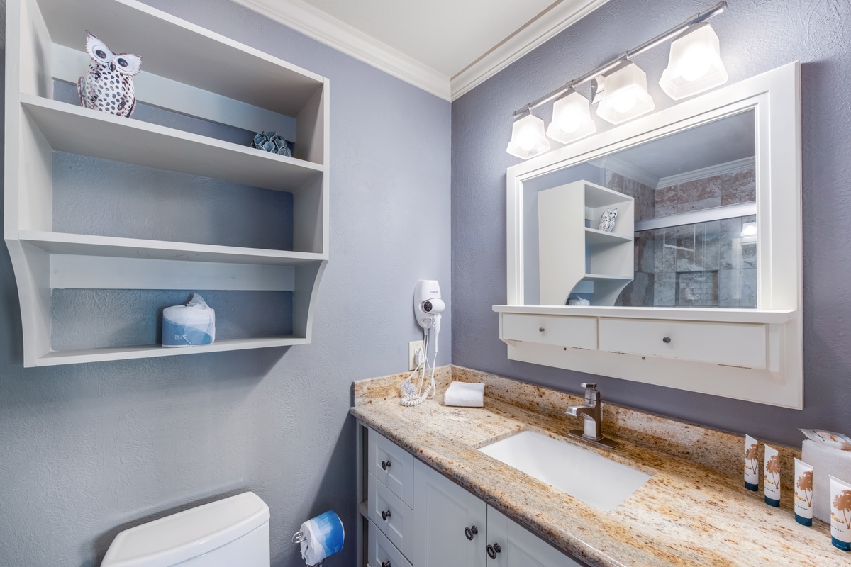 Freshen up in your beautifully appointed bathroom featuring granite counters, thoughtful built-in storage, and premium lighting for your comfort.