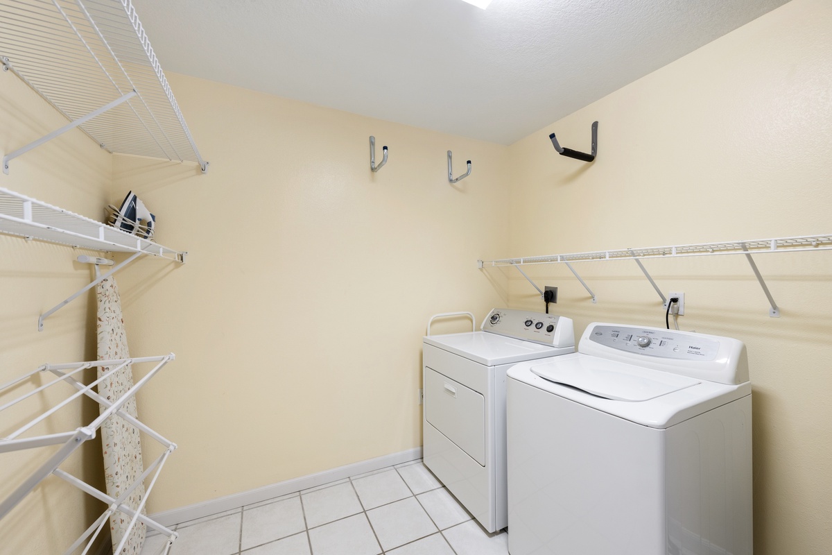 Your own private laundry room keeps you organized and packed light, with a full-sized washer, dryer, and plenty of shelving and hanging space for all your vacation essentials.