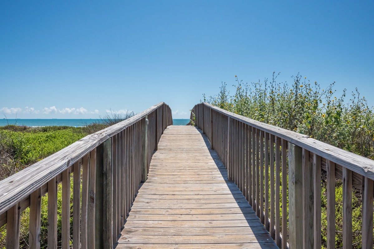 Wooden boardwalk leads through coastal vegetation to pristine beachfront under clear blue skies.