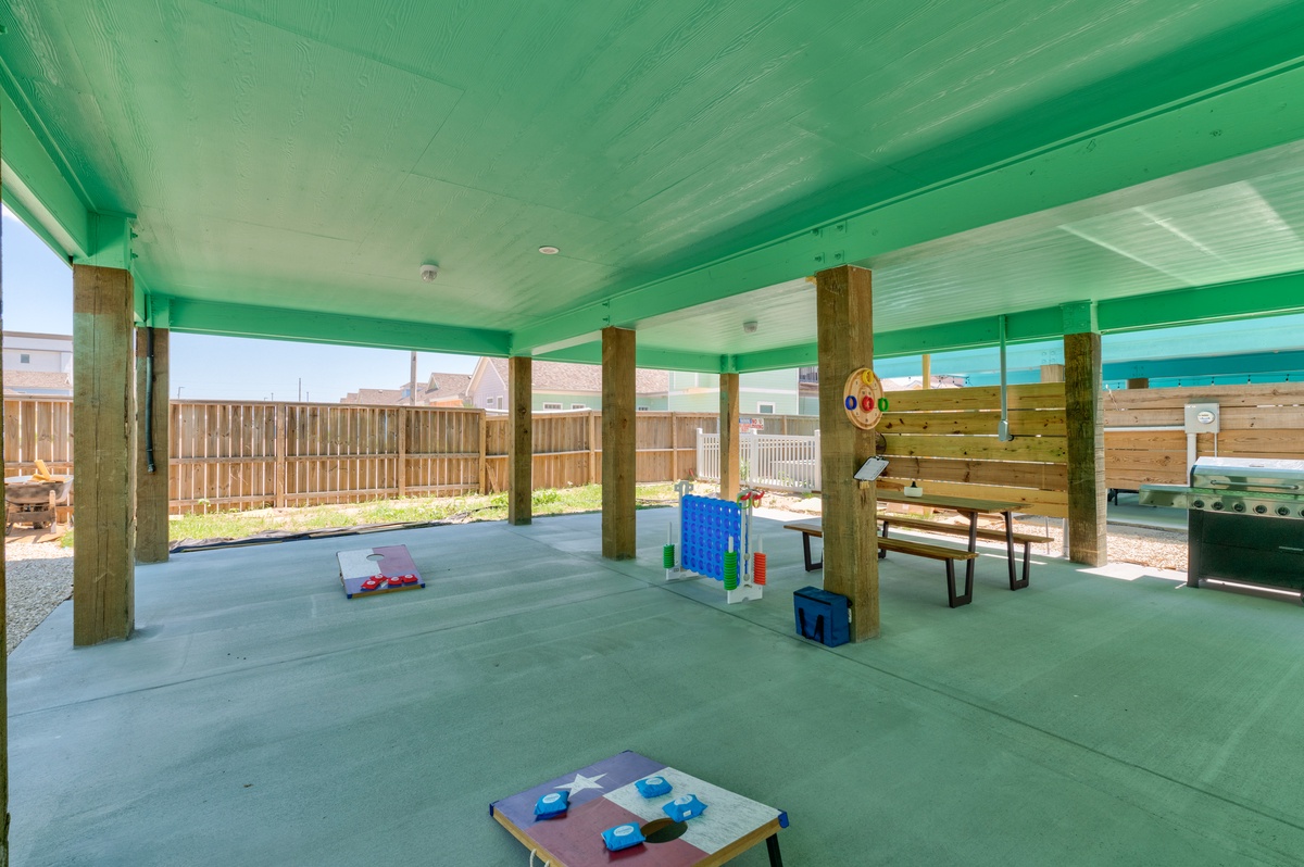 Your kids will love this covered play area with games and plenty of space to run around safely.