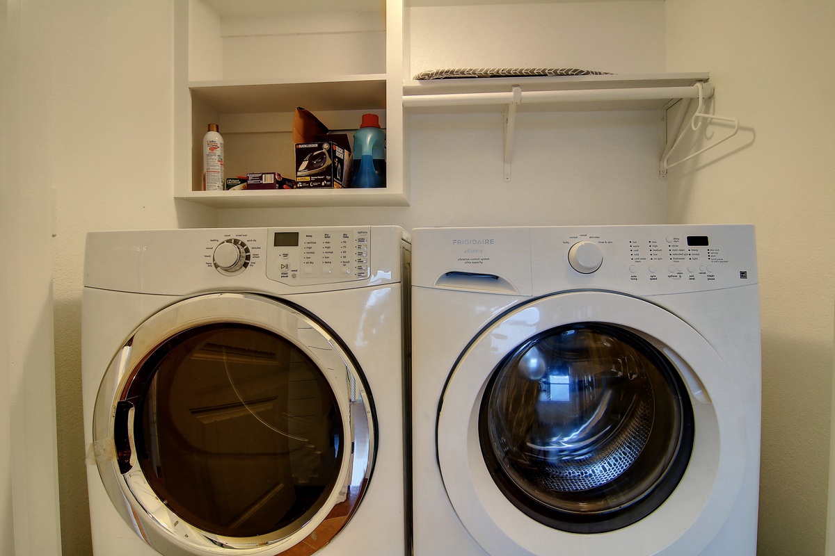 Your private laundry room makes extended stays effortless with full-size washer and dryer, plus storage for your essentials.