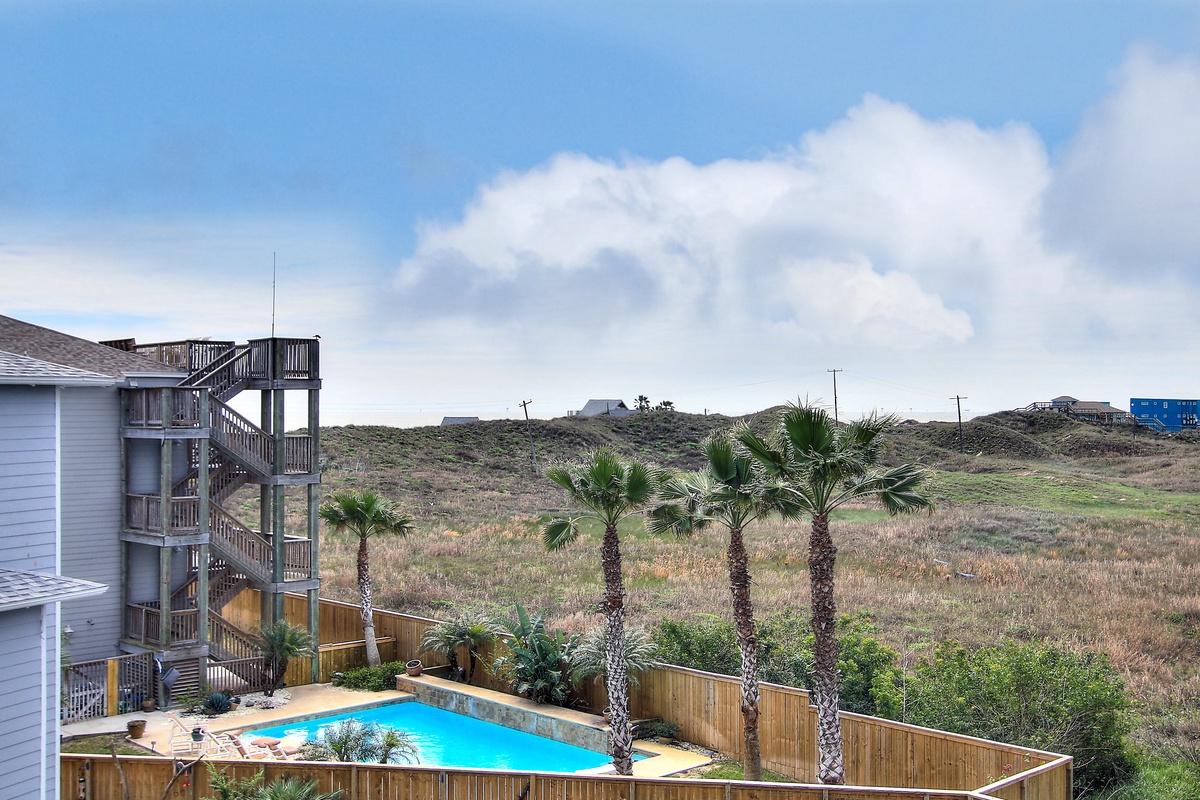Coastal property featuring pool area surrounded by palm trees with expansive natural landscape views beyond the fence.