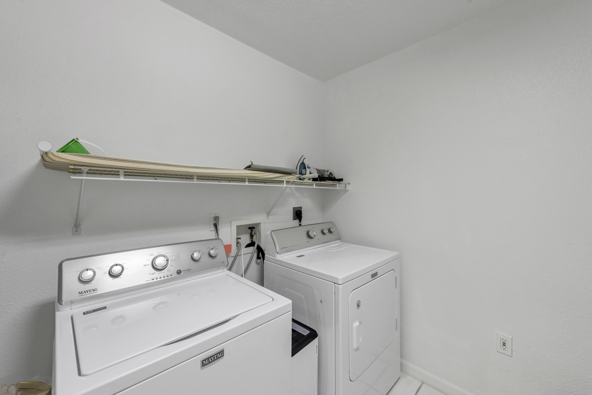 Your private laundry room makes extended stays effortless, with a full washer and dryer plus shelving for all your essentials.