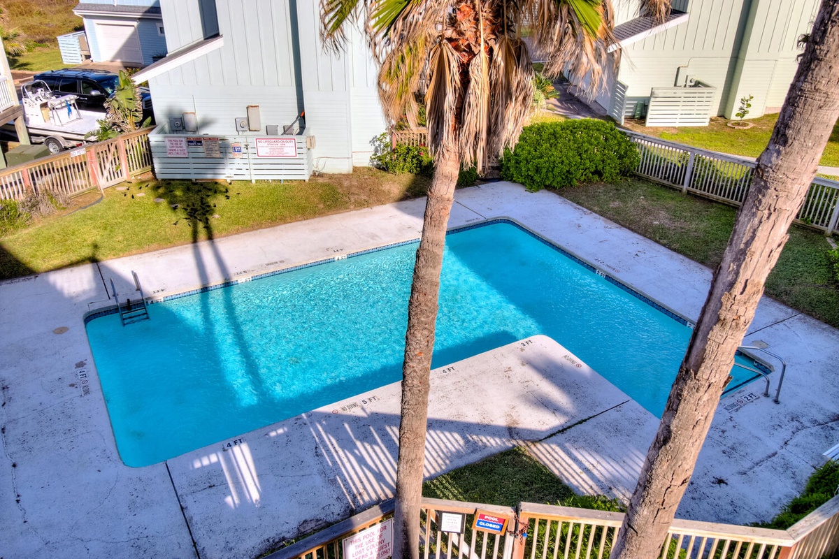 Aerial view of the property's private swimming pool surrounded by palm trees and deck space for outdoor relaxation.