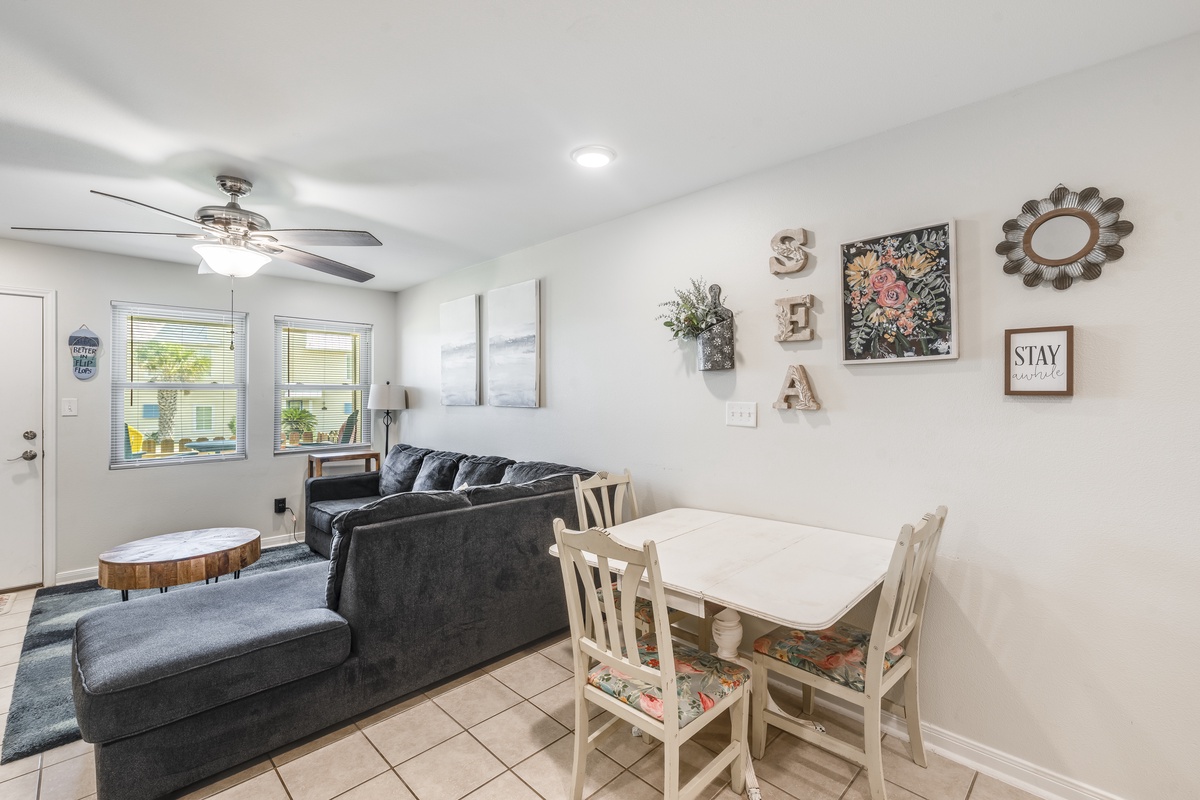 Settle into your cozy living space with comfortable seating and charming décor that makes you feel right at home.