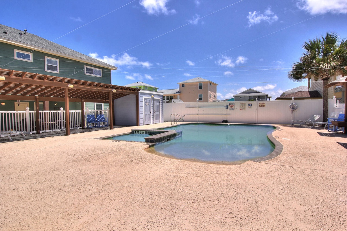 Dive into your private oasis with this sparkling pool surrounded by covered lounging areas and tropical palm trees.