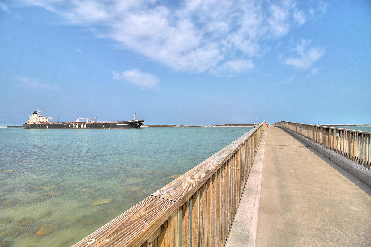 Wooden pier extends over crystal-clear waters with cargo ships anchored in the distance under bright blue skies.