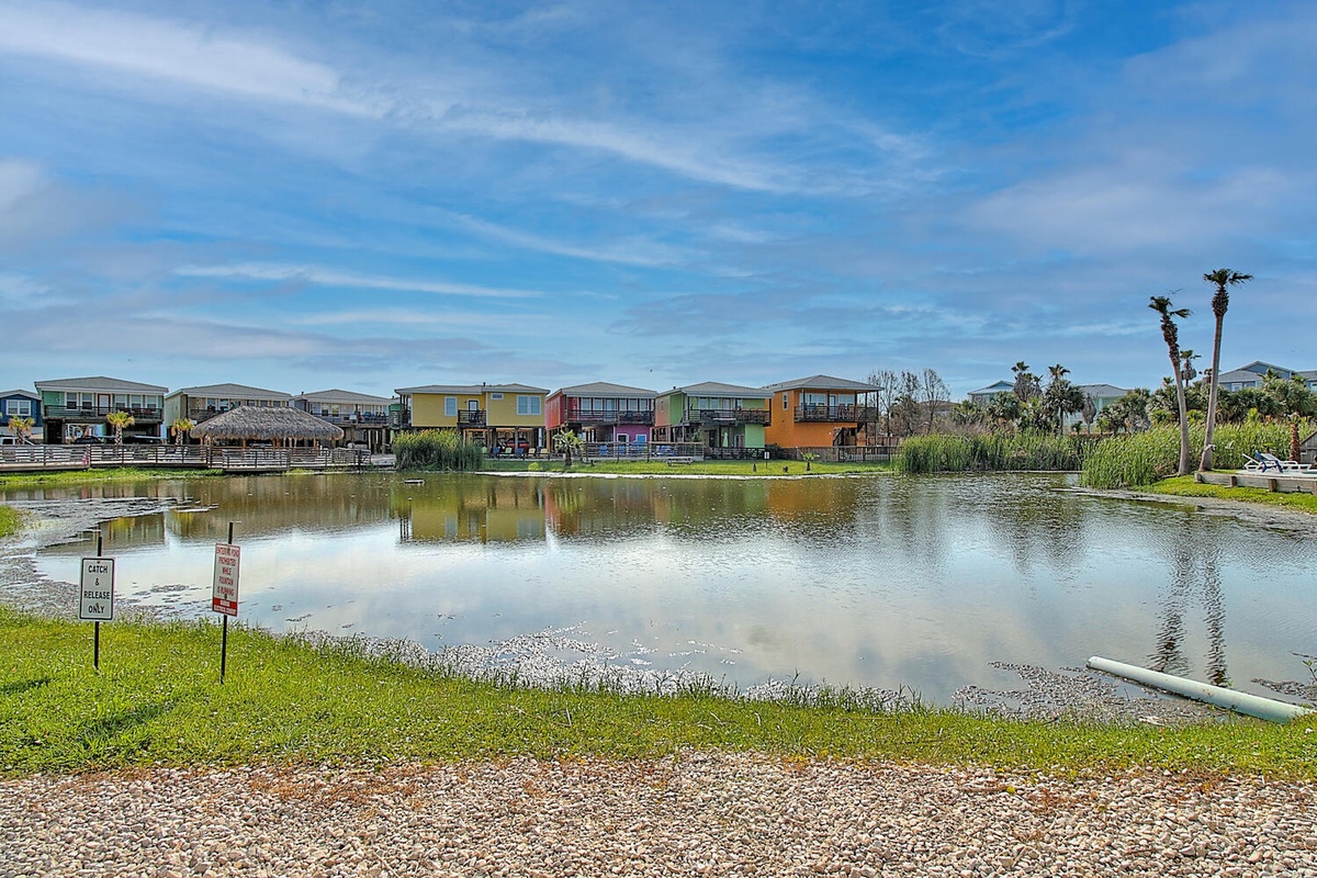Colorful waterfront homes reflect in tranquil lagoon waters under blue skies with palm trees dotting the peaceful residential area.