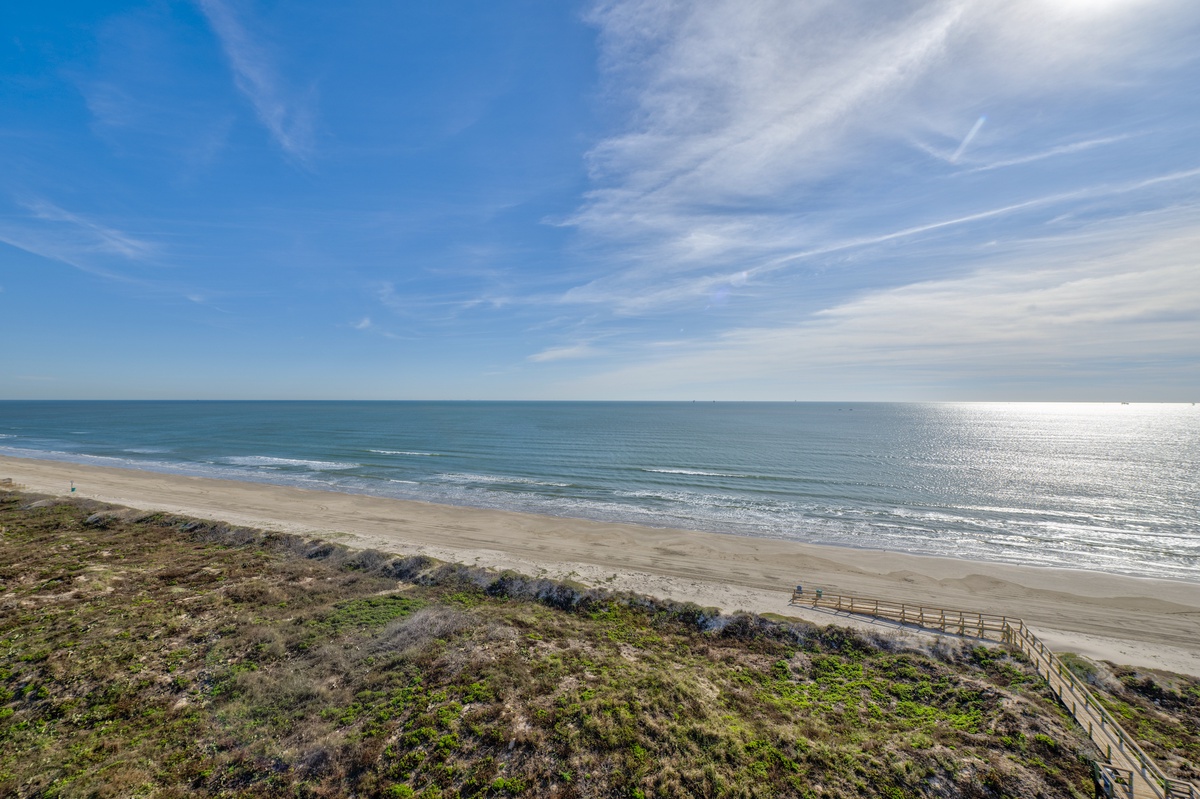Pristine coastline stretches along the property area with golden sand, rolling waves, and natural dune vegetation under expansive blue skies.
