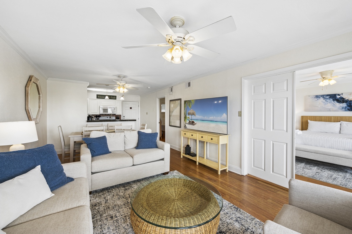 Unwind in your bright, open-concept retreat with coastal charm, modern comfort, and a cozy bedroom waiting just steps away.