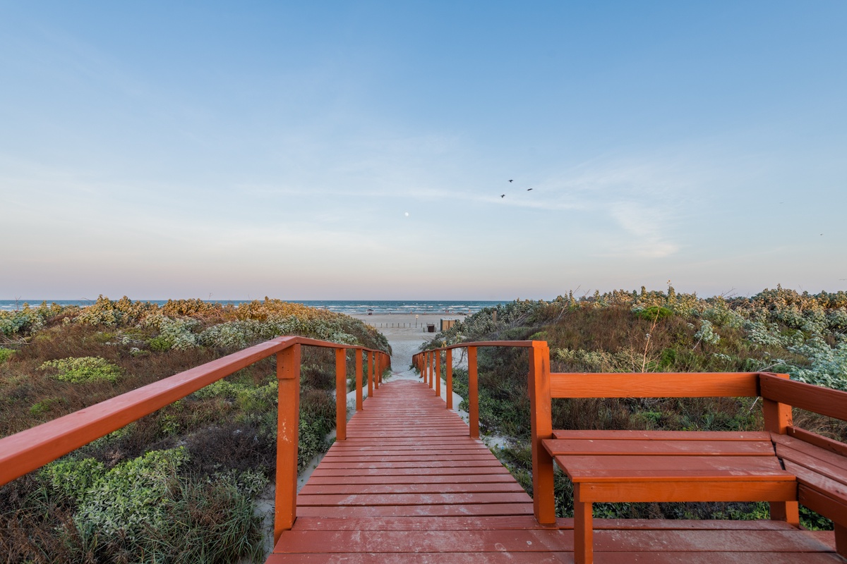 Wooden boardwalk winds through coastal dunes toward the ocean, offering scenic beach access and nature views.