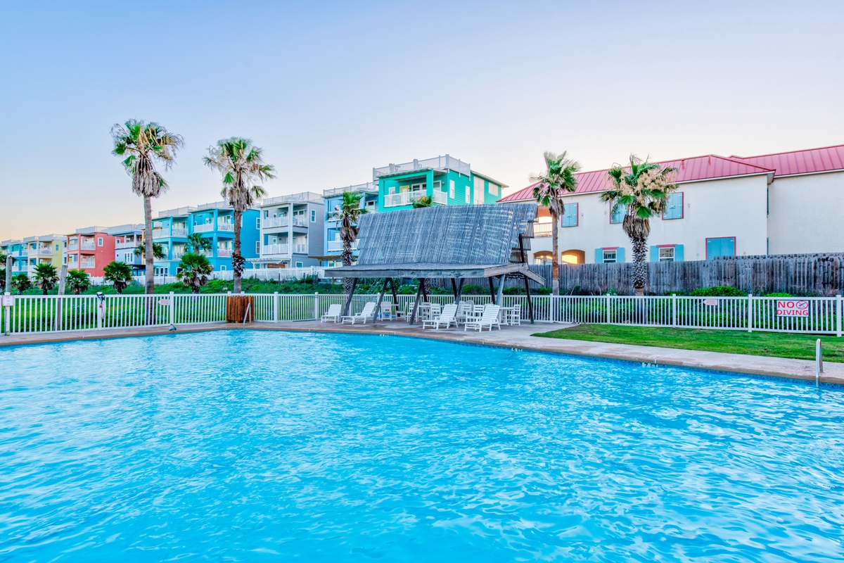 Dive into crystal-clear waters while palm trees sway overhead, with colorful beachside buildings creating your perfect coastal backdrop.