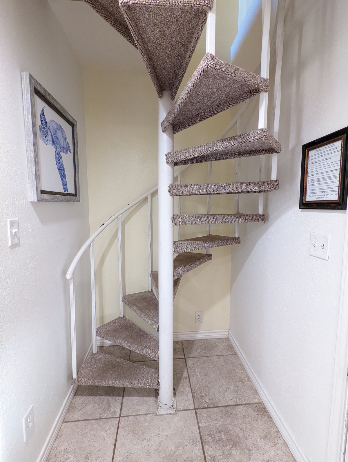Discover your unique spiral staircase connecting upper and lower levels with its charming carpeted steps and white handrail.