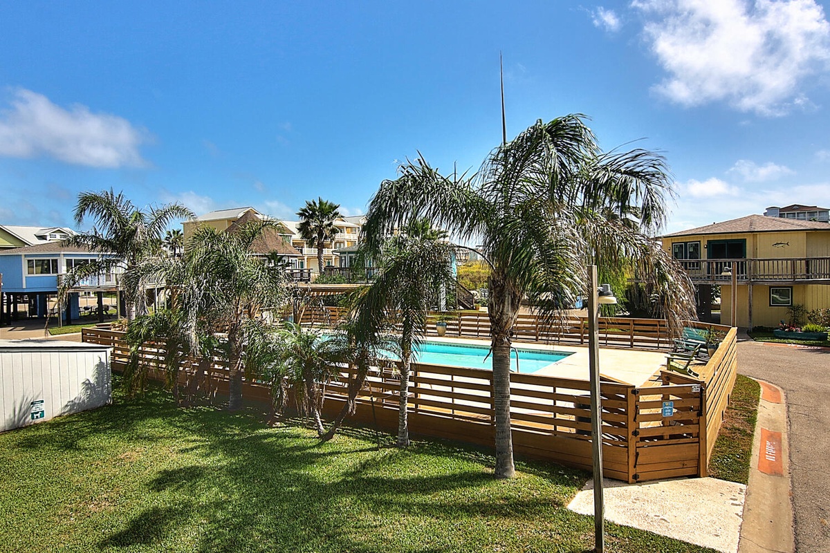 Tropical paradise with palm trees, sparkling pool and colorful beach houses under endless blue skies.