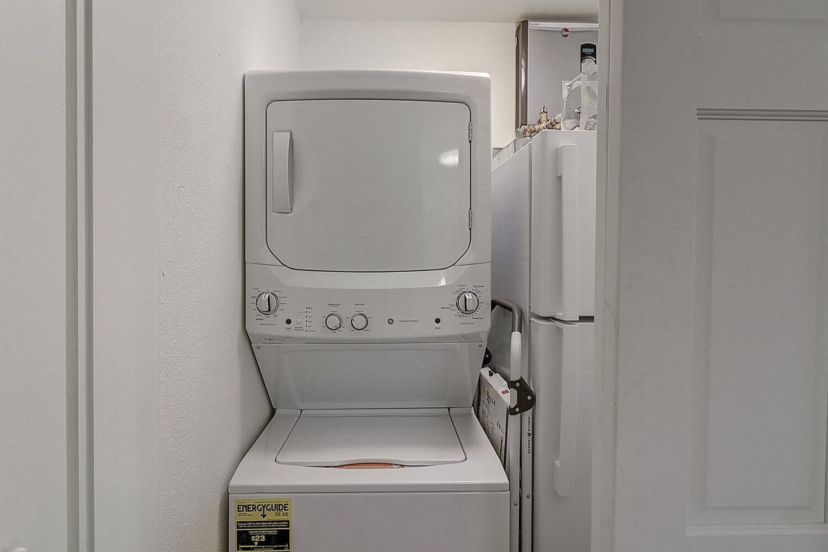 Enjoy the convenience of in-unit laundry with this stackable washer and dryer, making your stay even more comfortable and worry-free.