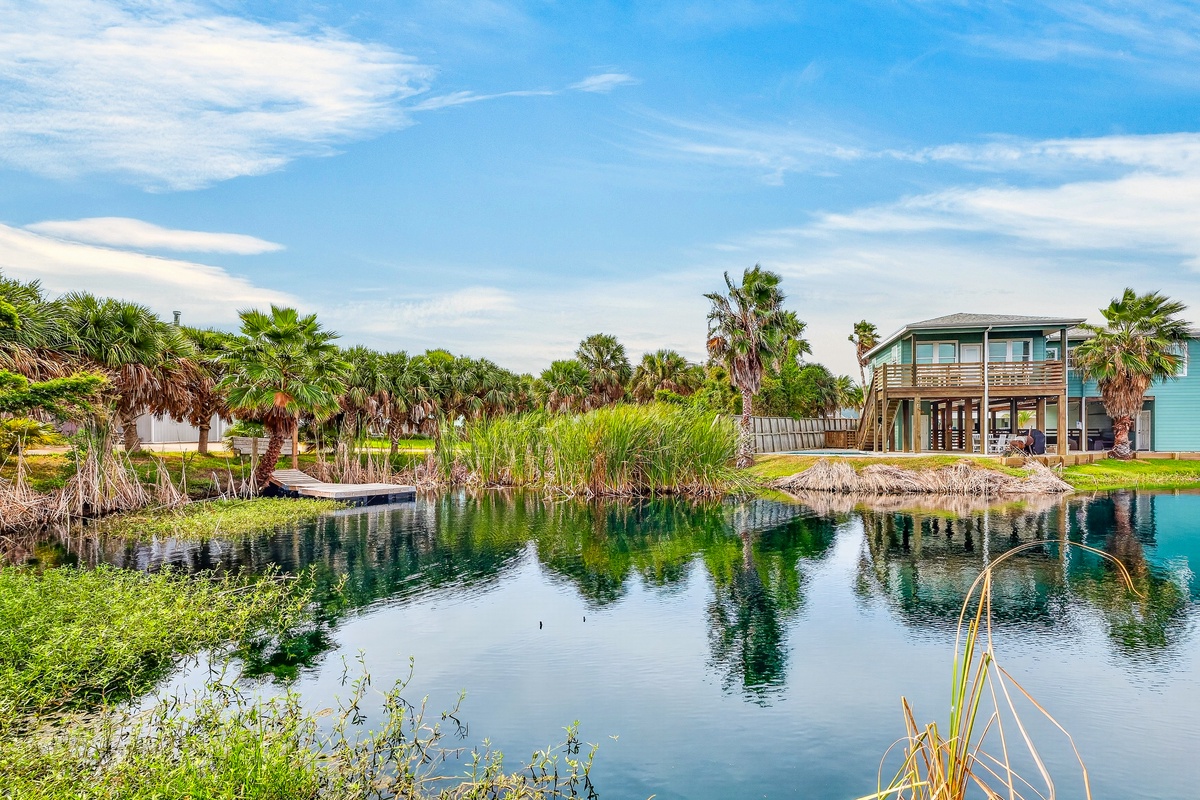 The property is situated in a tropical coastal setting with lush palm trees and a serene pond reflecting the bright blue sky.