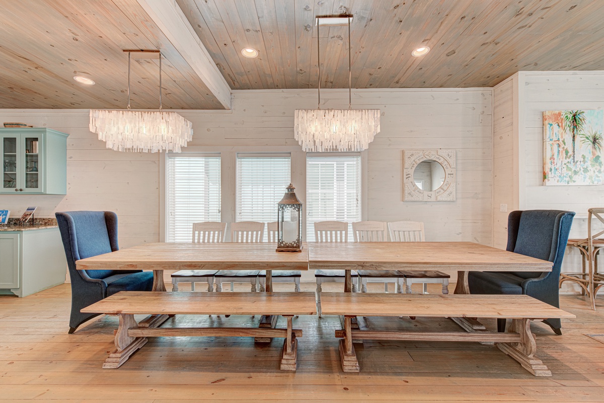 Gather around this stunning farmhouse dining table where coastal elegance meets rustic charm, perfect for your memorable meals together.