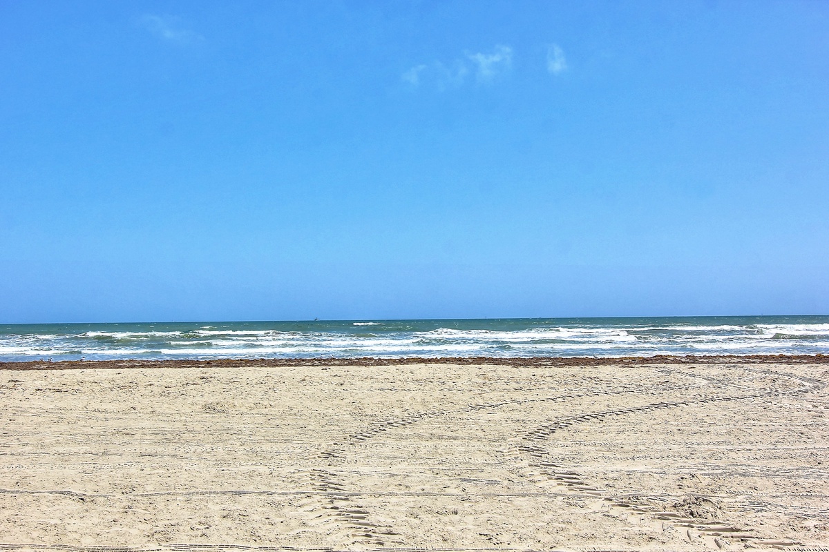 Pristine sandy beach stretches endlessly along the coastline, with gentle waves rolling onto shore under clear blue skies.