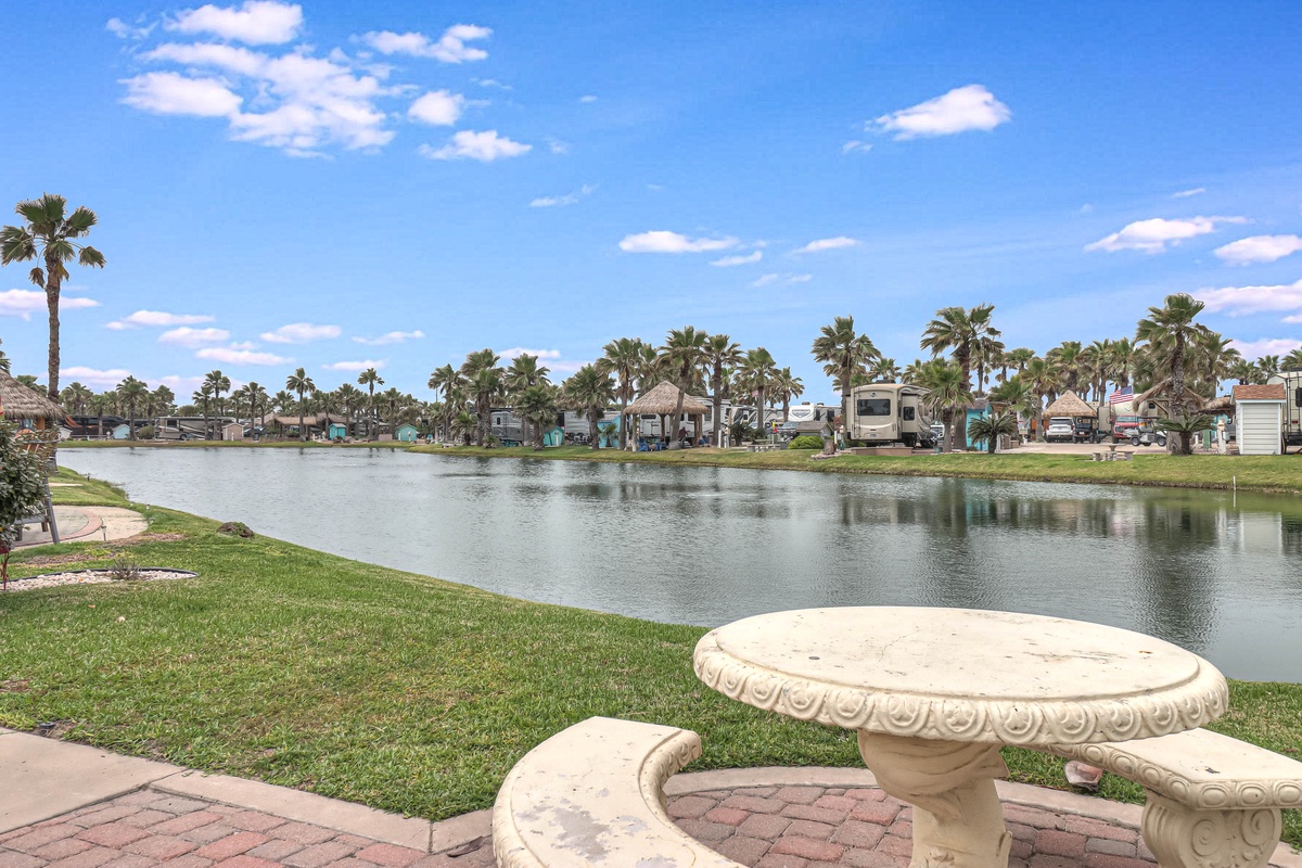 Peaceful lagoon views with palm-lined shores and tropical RV resort atmosphere create a serene waterfront setting.