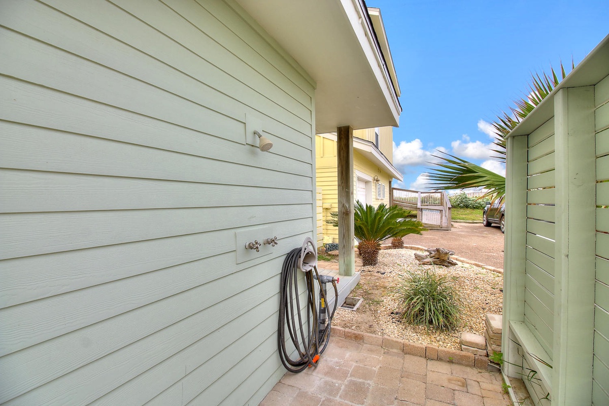 Charming coastal property exterior featuring tropical landscaping with palm trees and native plants under bright blue skies.