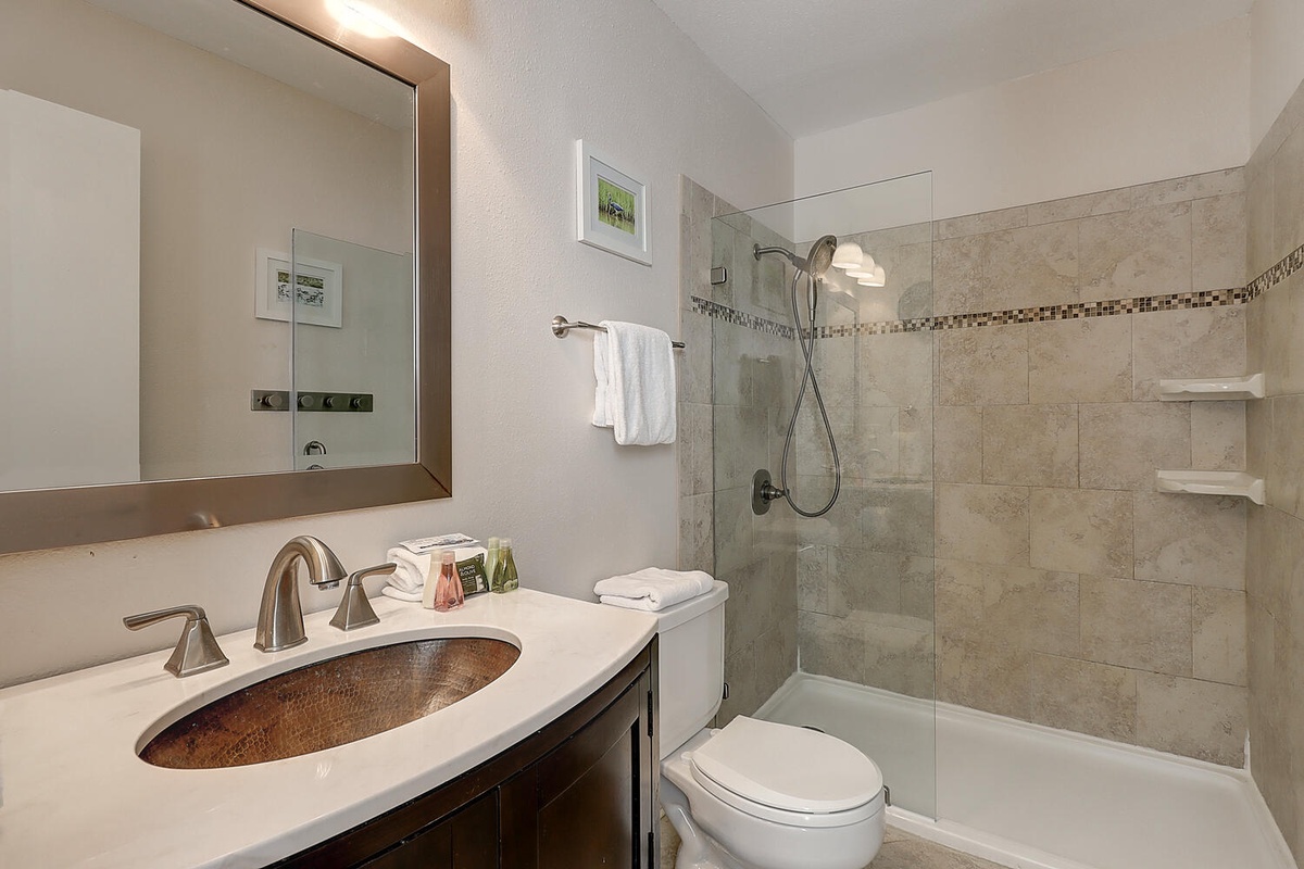 Unwind in your spa-inspired bathroom featuring a luxurious glass-enclosed shower with rainfall head and elegant copper sink details.