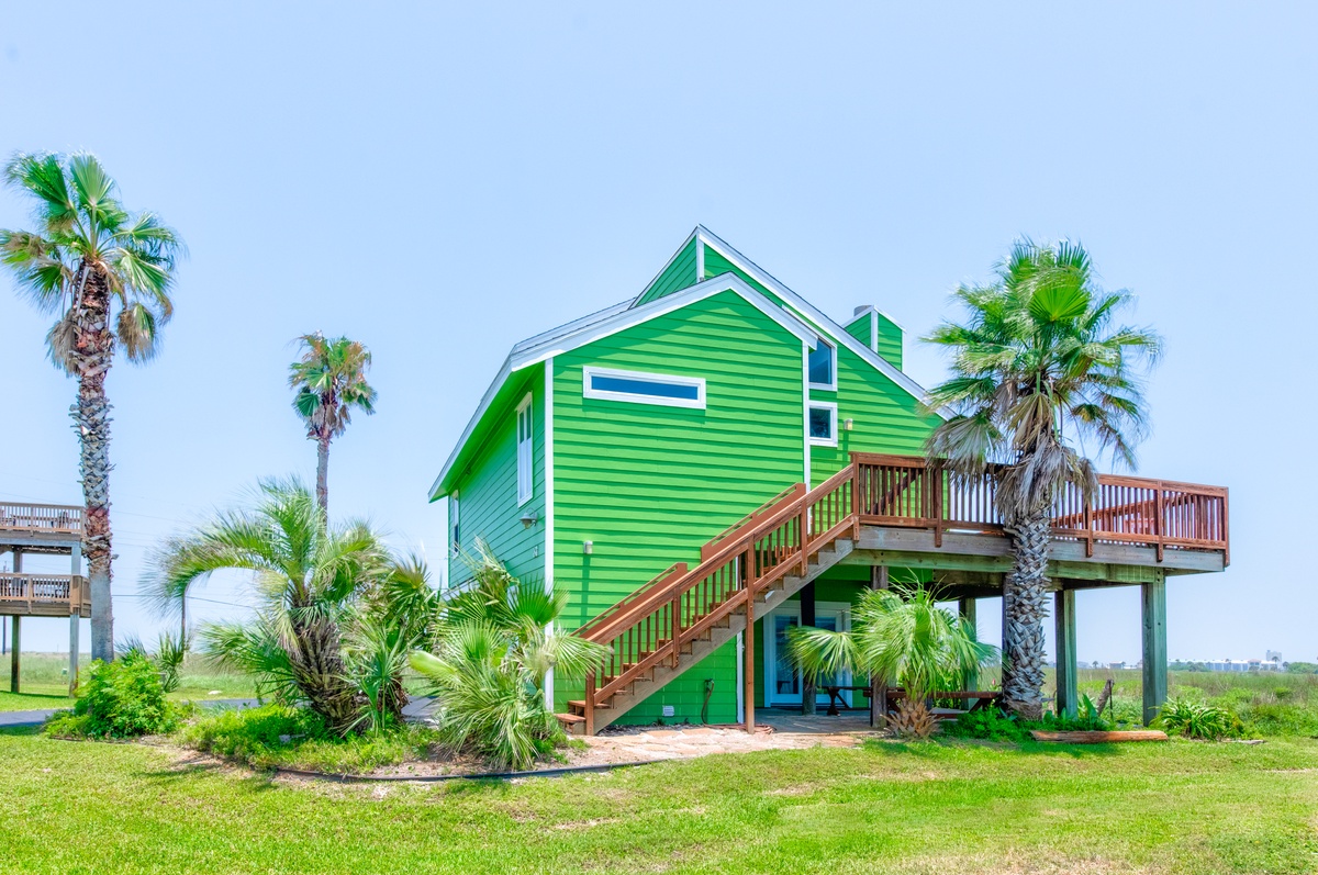 Tropical coastal retreat with vibrant green siding surrounded by swaying palm trees and lush landscaping.