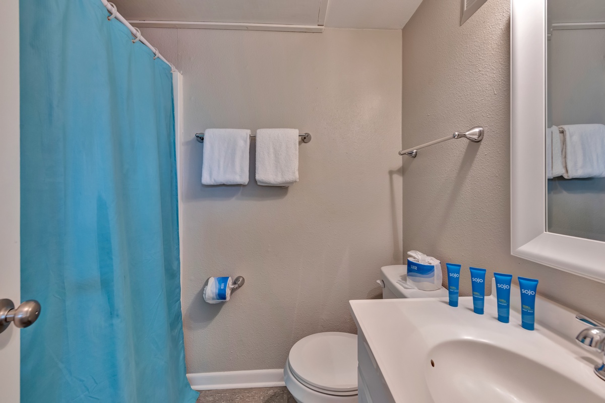 Your private bathroom features a refreshing shower-tub combo with fluffy towels and complimentary toiletries ready for your arrival.