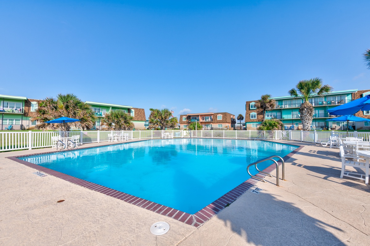 Sparkling outdoor pool surrounded by palm trees and comfortable seating, perfect for your sunny vacation days.