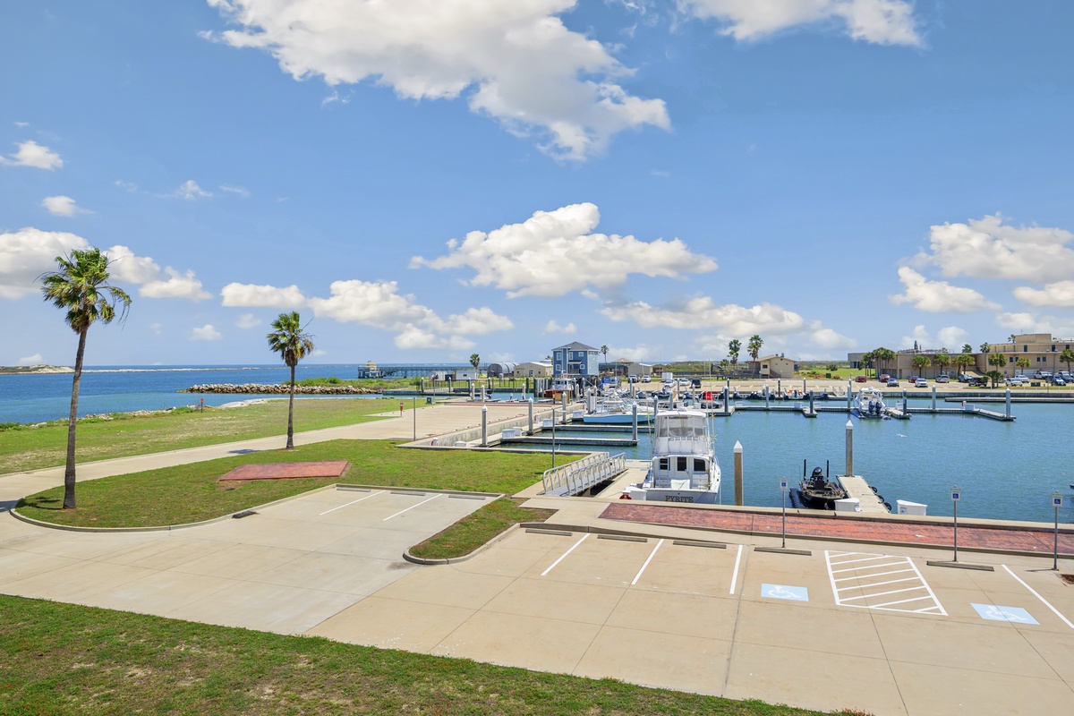 Waterfront marina with boat slips, palm trees, and coastal views near the property.