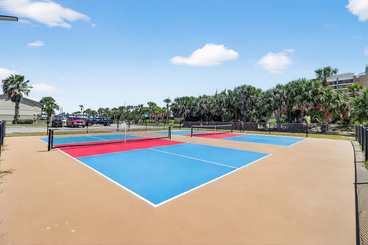 Tennis court available for guest use during your stay, surrounded by tropical landscaping in a sunny Florida setting.