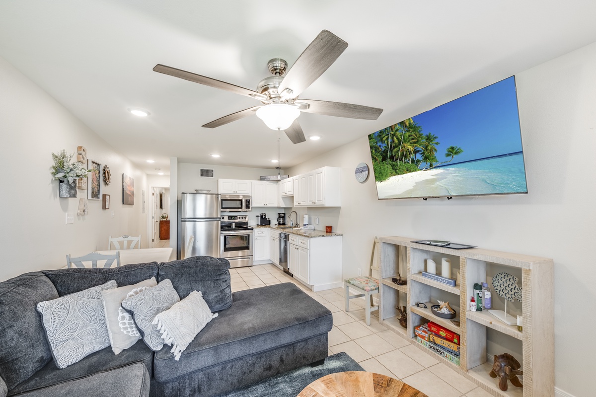 Relax in your bright, open-concept space where the kitchen and living room flow together perfectly for memorable vacation moments.