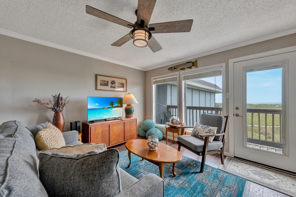 Unwind in your stylish living space with coastal views and thoughtful touches that make you feel instantly at home.