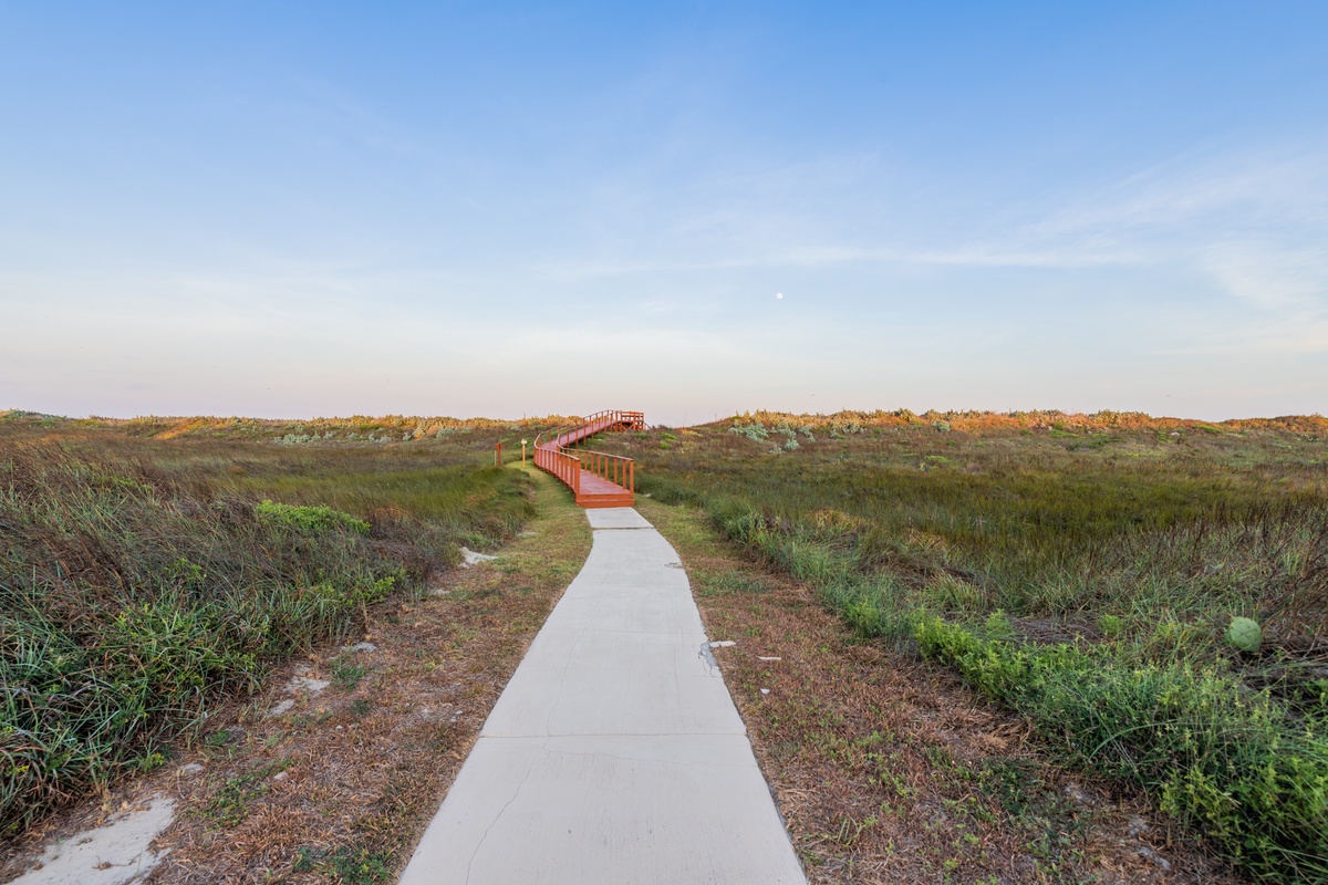 Scenic boardwalk leads through coastal dunes with elevated viewing platform ahead, offering peaceful nature access near the property.