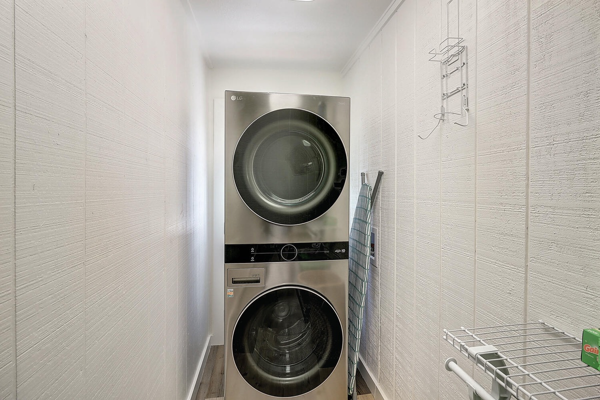 Your own dedicated laundry space with stacked washer and dryer makes packing light easy.