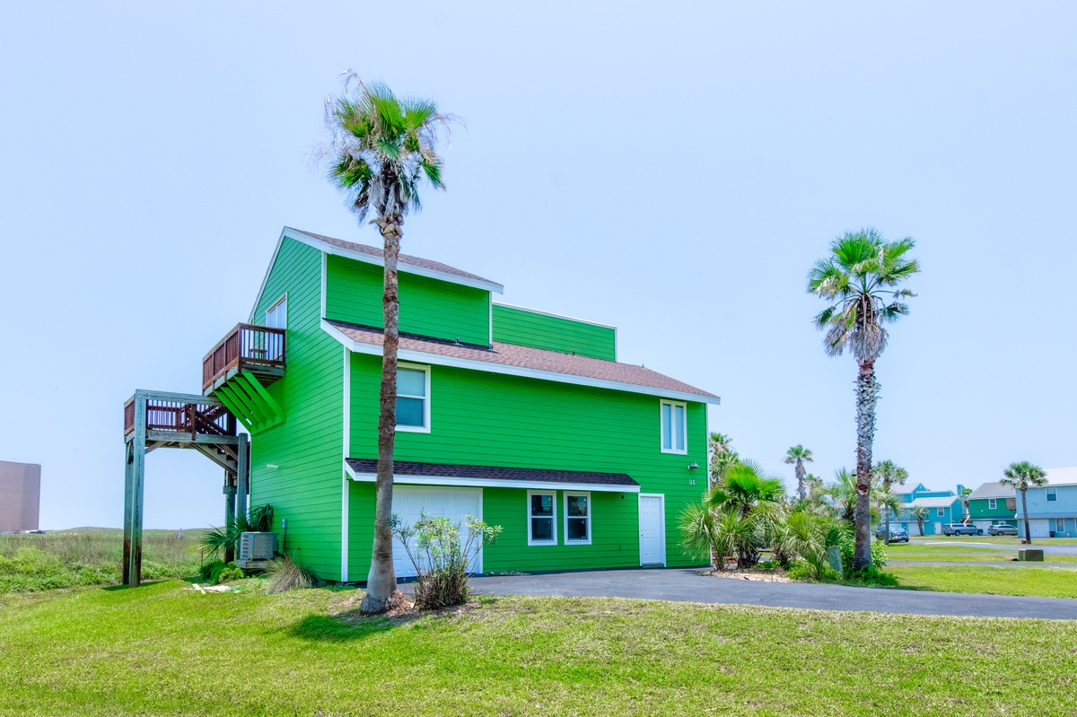 Vibrant green beach house with tropical palm trees creates a cheerful coastal retreat in a peaceful neighborhood setting.