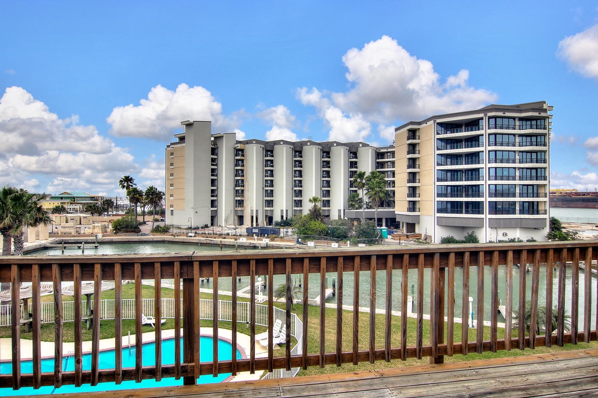 Modern waterfront buildings create a striking skyline backdrop near the property's location.