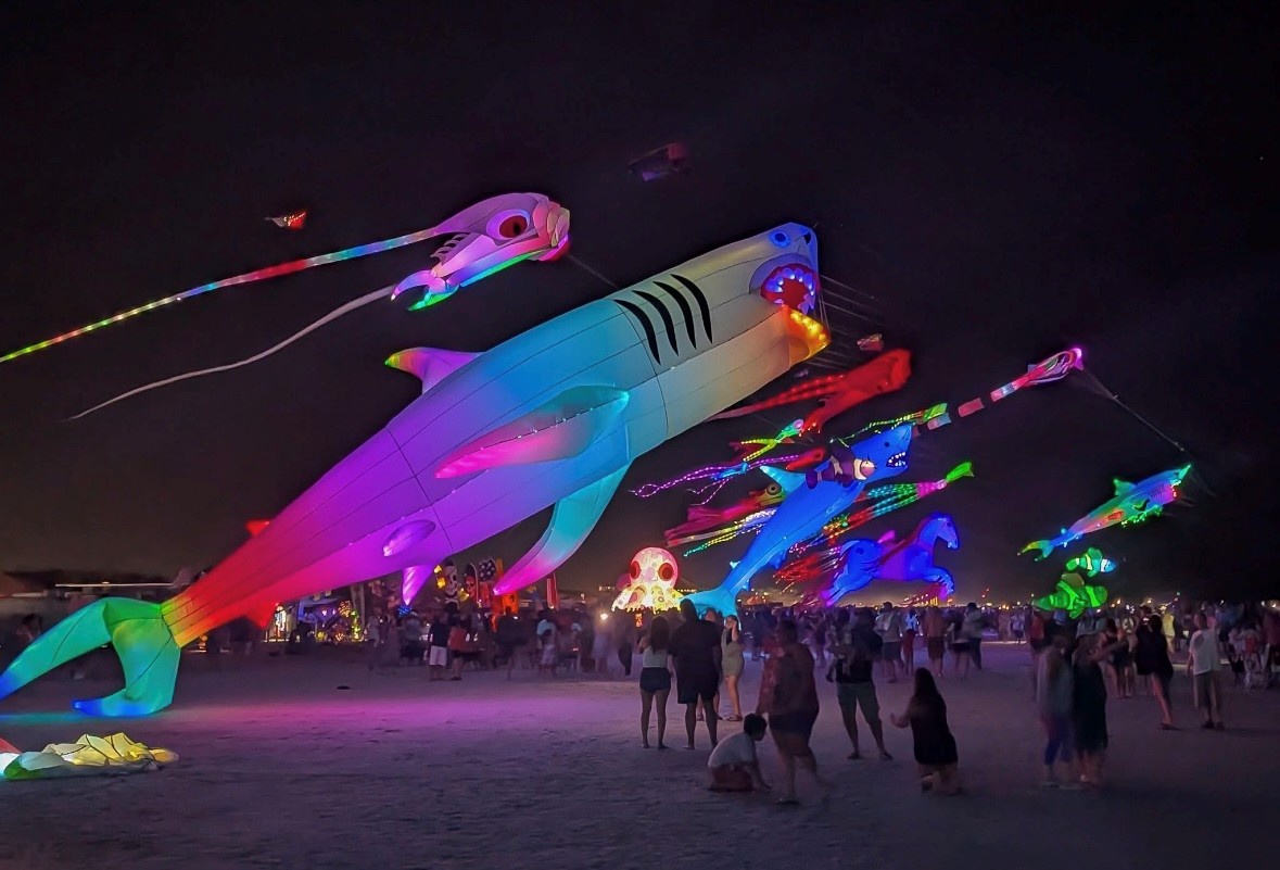 Spectacular illuminated kite festival fills the night sky with vibrant sea creatures and colorful displays.