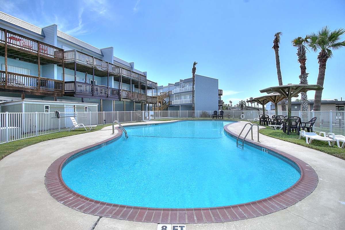 Dive into your private oasis with this sparkling pool surrounded by swaying palms and comfortable lounge chairs.