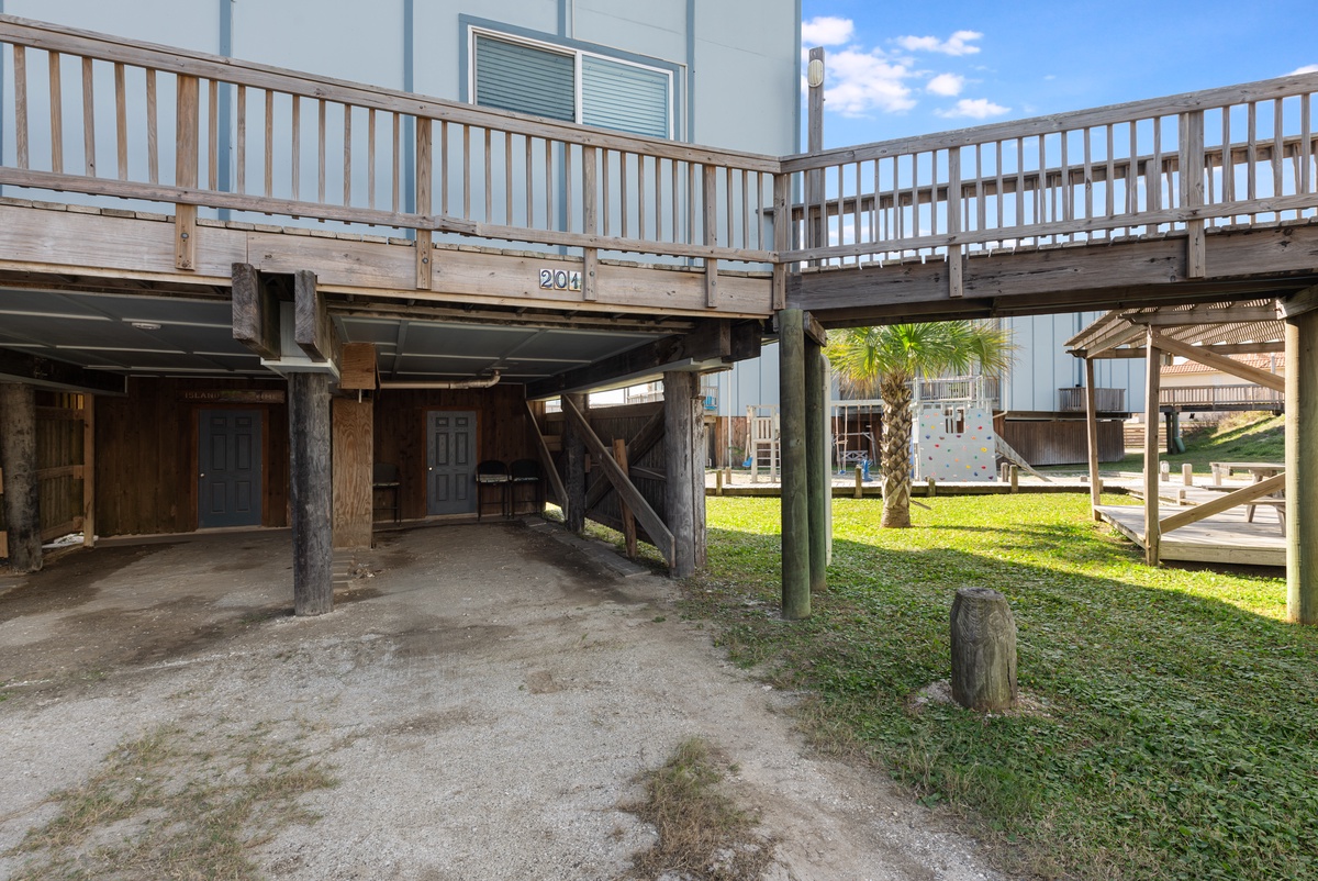 Elevated coastal property with covered parking.