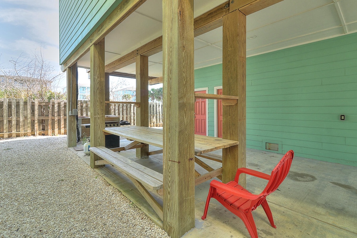 Your private covered patio features rustic wooden picnic tables perfect for outdoor dining and relaxing in the fresh air.