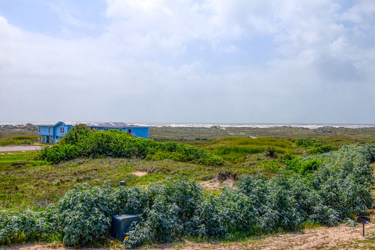 Coastal property nestled among lush vegetation with ocean views in the distance.