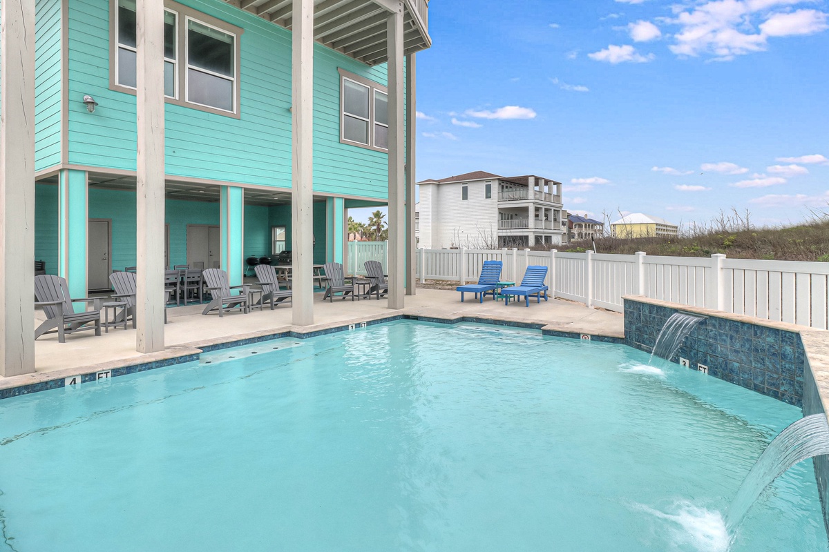 Your private pool awaits with crystal-clear waters and comfortable loungers, perfectly positioned for sunny days and relaxing evenings.