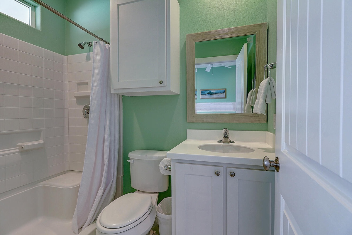 Step into your bright, cheerful bathroom with refreshing mint green walls and crisp white fixtures that create a spa-like retreat.