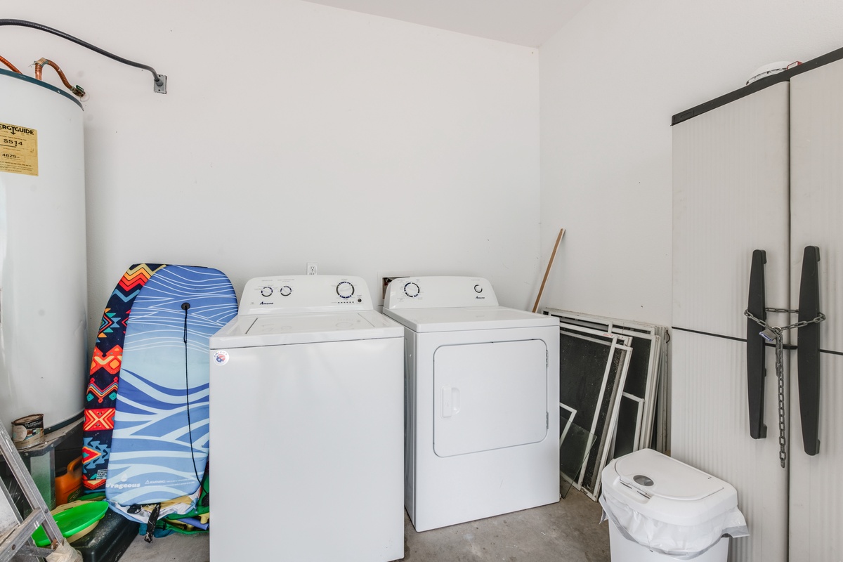 Your own laundry room with full-size washer and dryer means fresh clothes throughout your stay, with convenient storage space for beach gear.